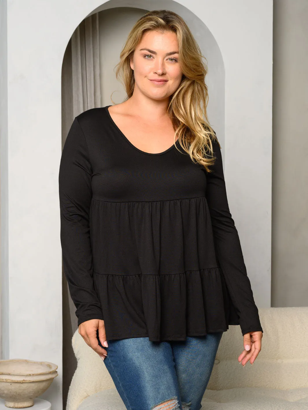 PLUS SIZE LONG SLEEVE LAYERED RUFFLE TUNIC TOP