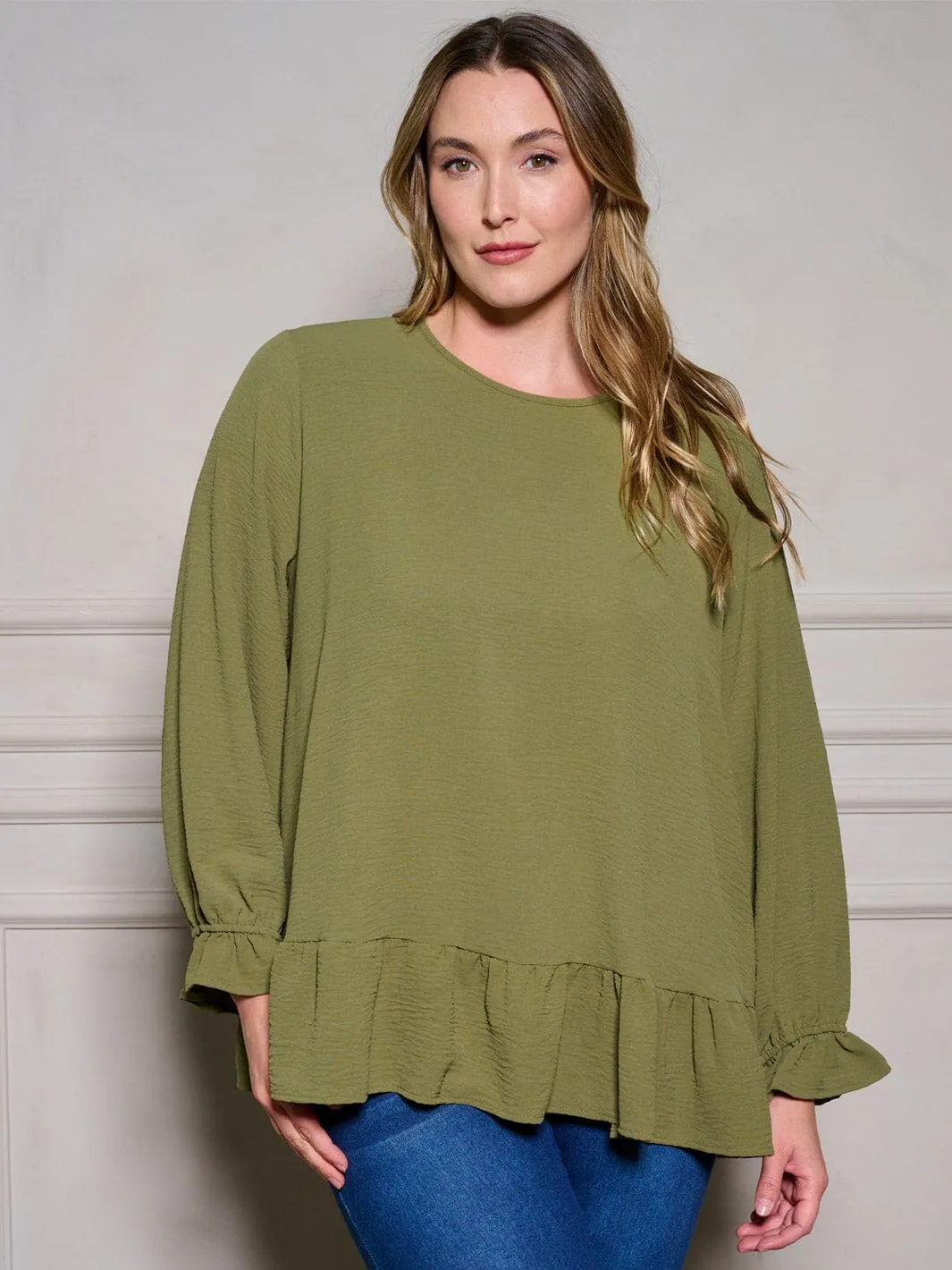 PLUS SIZE LONG SLEEVE RUFFLE TUNIC BLOUSE TOP