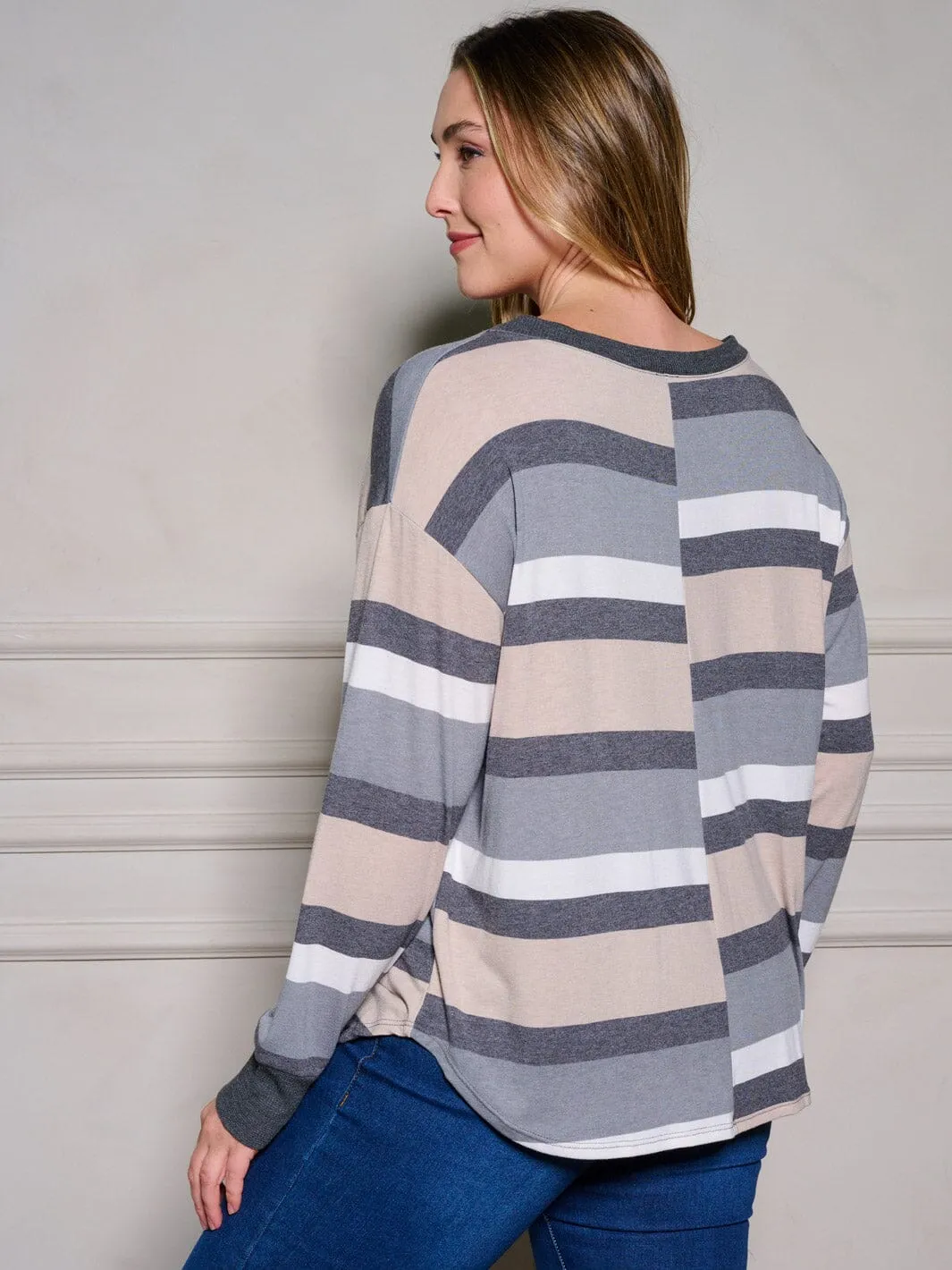 PLUS SIZE LONG SLEEVE STRIPES TUNIC BLOUSE TOP
