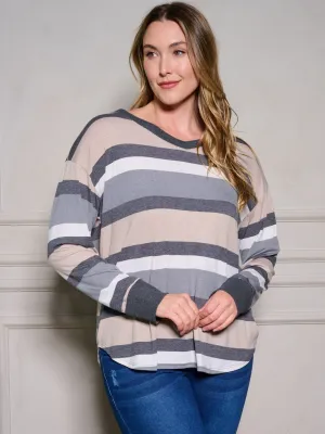 PLUS SIZE LONG SLEEVE STRIPES TUNIC BLOUSE TOP