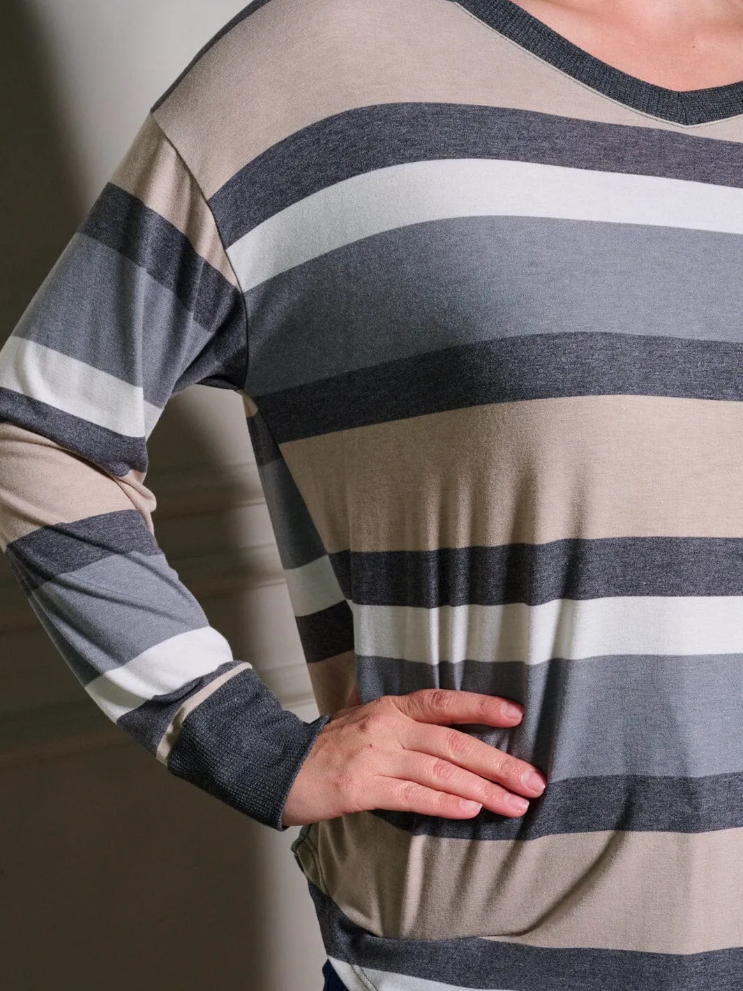 PLUS SIZE LONG SLEEVE STRIPES TUNIC BLOUSE TOP