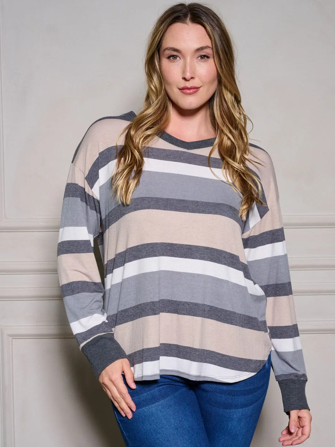 PLUS SIZE LONG SLEEVE STRIPES TUNIC BLOUSE TOP