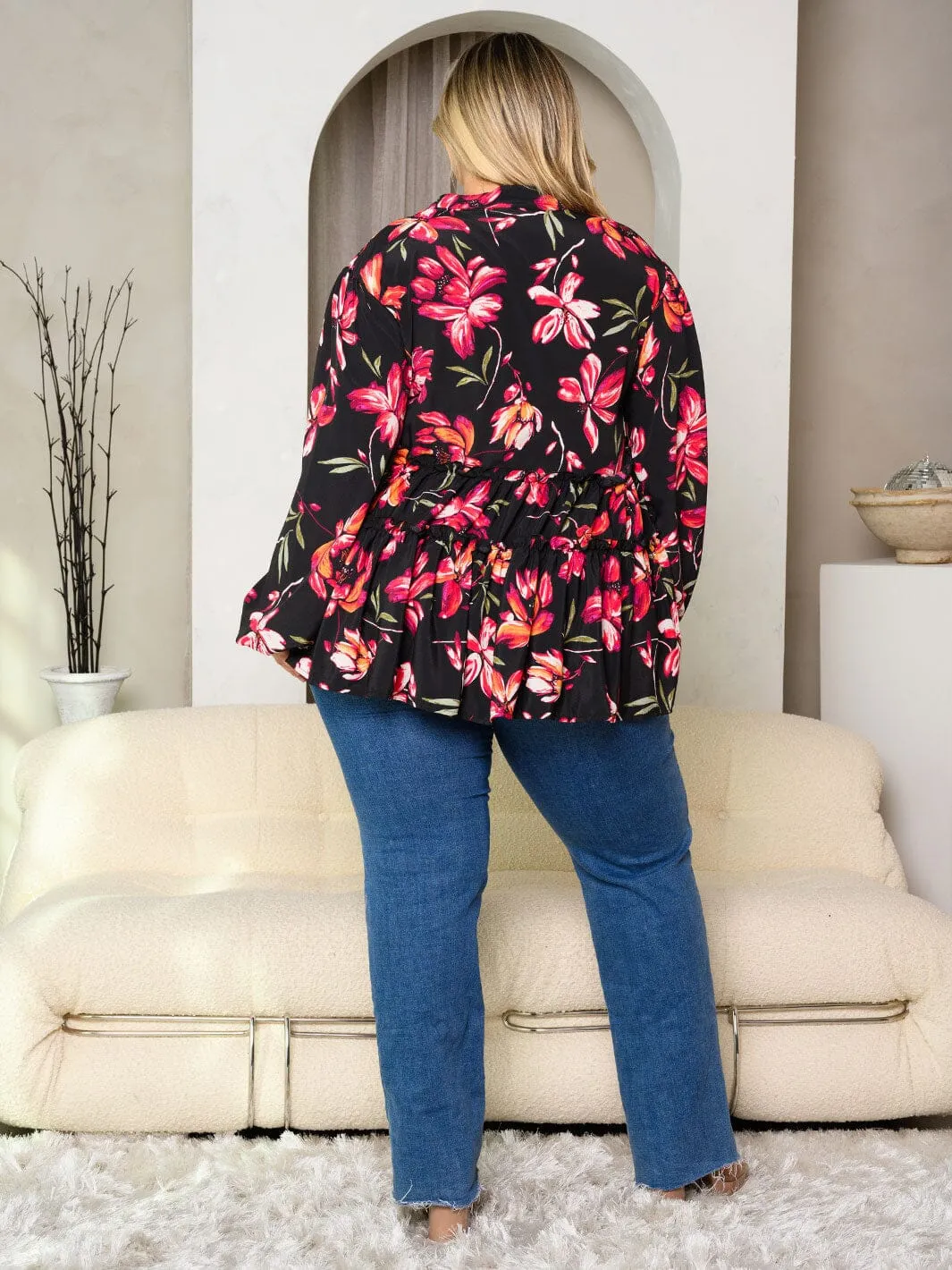 PLUS SIZE LONG SLEEVE V-NECK FLORAL PRINT TUNIC TOP