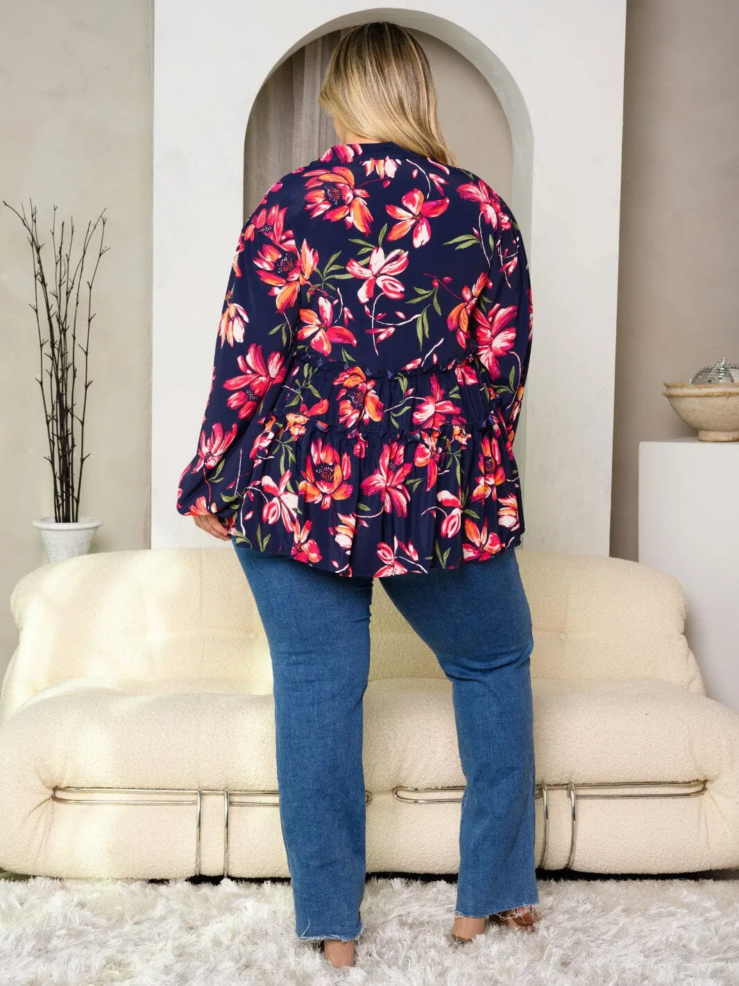 PLUS SIZE LONG SLEEVE V-NECK FLORAL PRINT TUNIC TOP