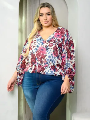 PLUS SIZE LONG SLEEVE V-NECK FLORAL TOP