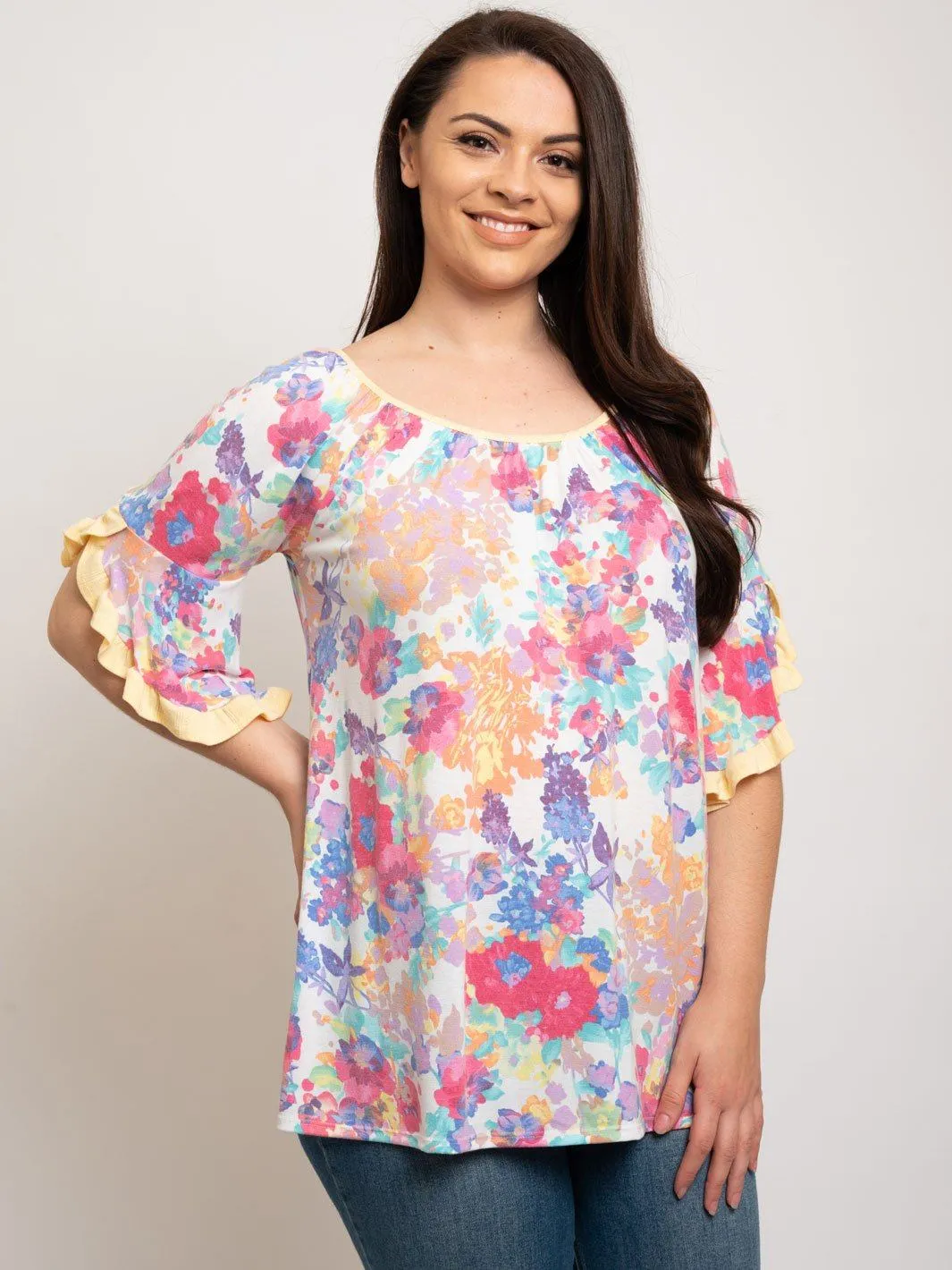 PLUS SIZE MULTI FLORAL RUFFLE SLEEVE TOP