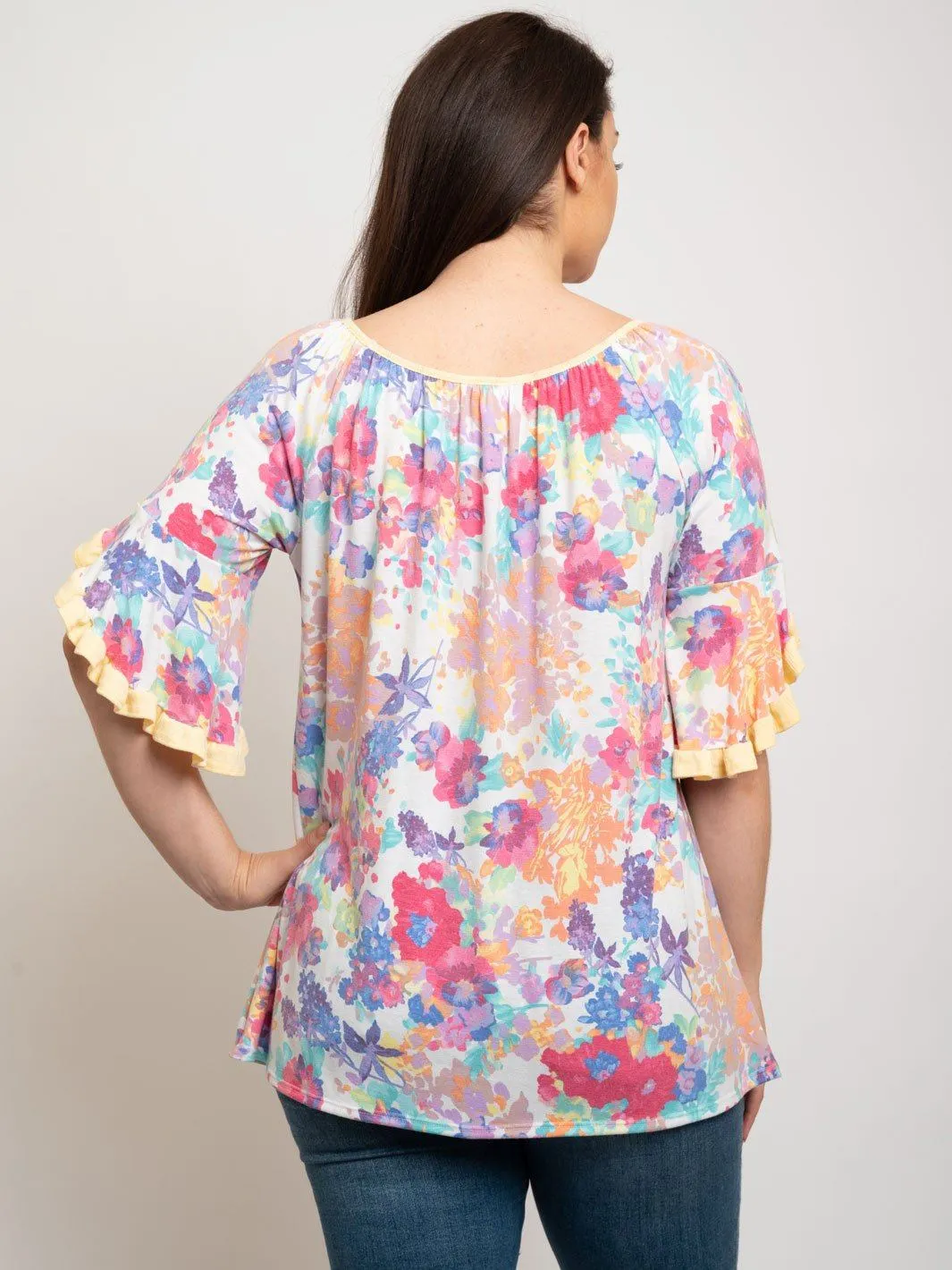 PLUS SIZE MULTI FLORAL RUFFLE SLEEVE TOP