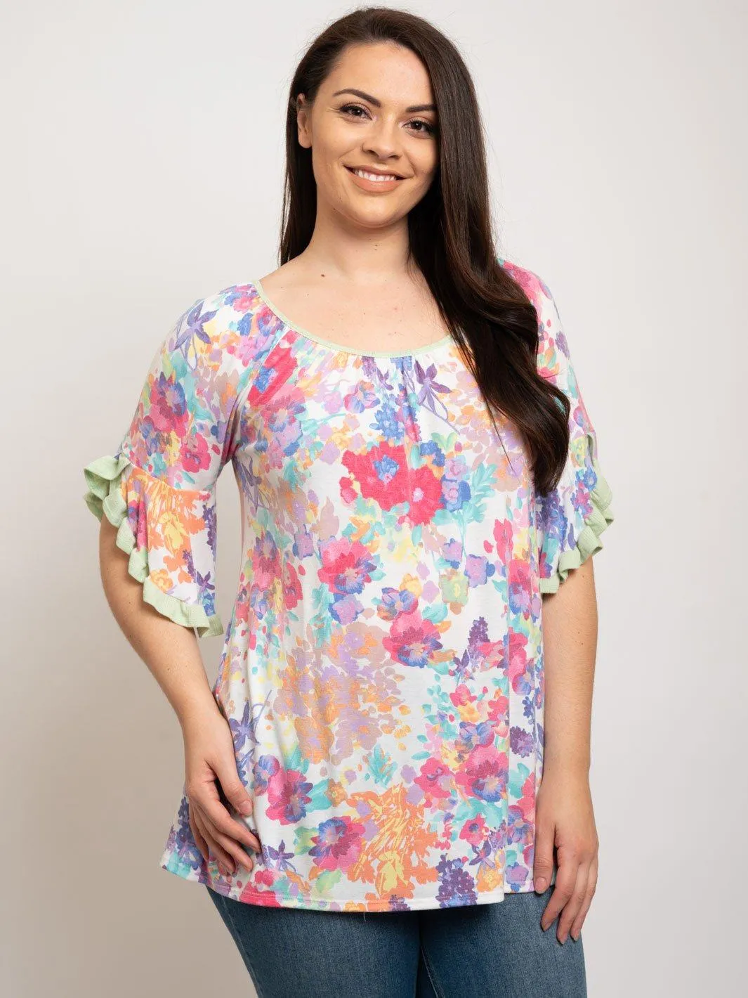PLUS SIZE MULTI FLORAL RUFFLE SLEEVE TOP
