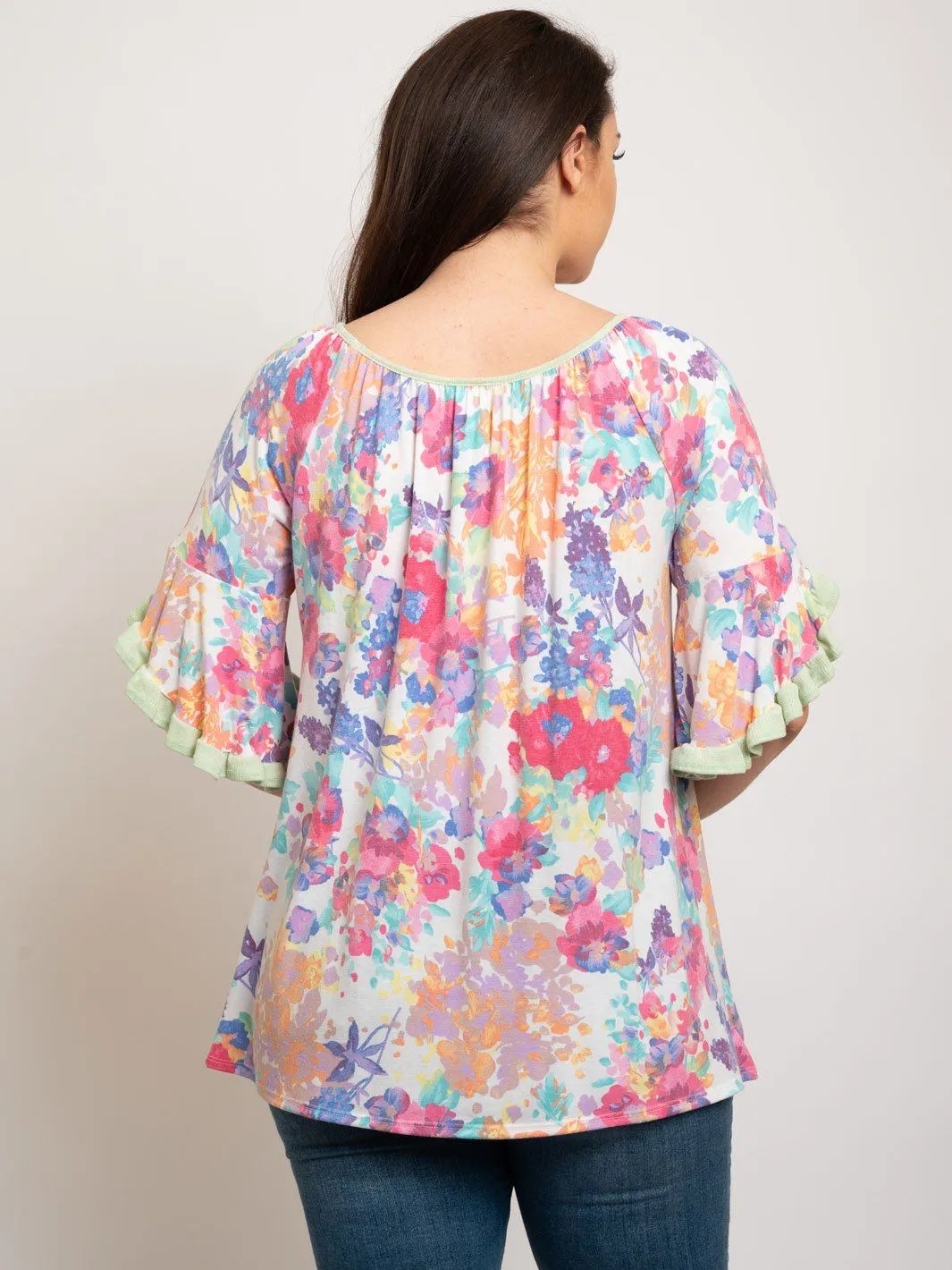 PLUS SIZE MULTI FLORAL RUFFLE SLEEVE TOP