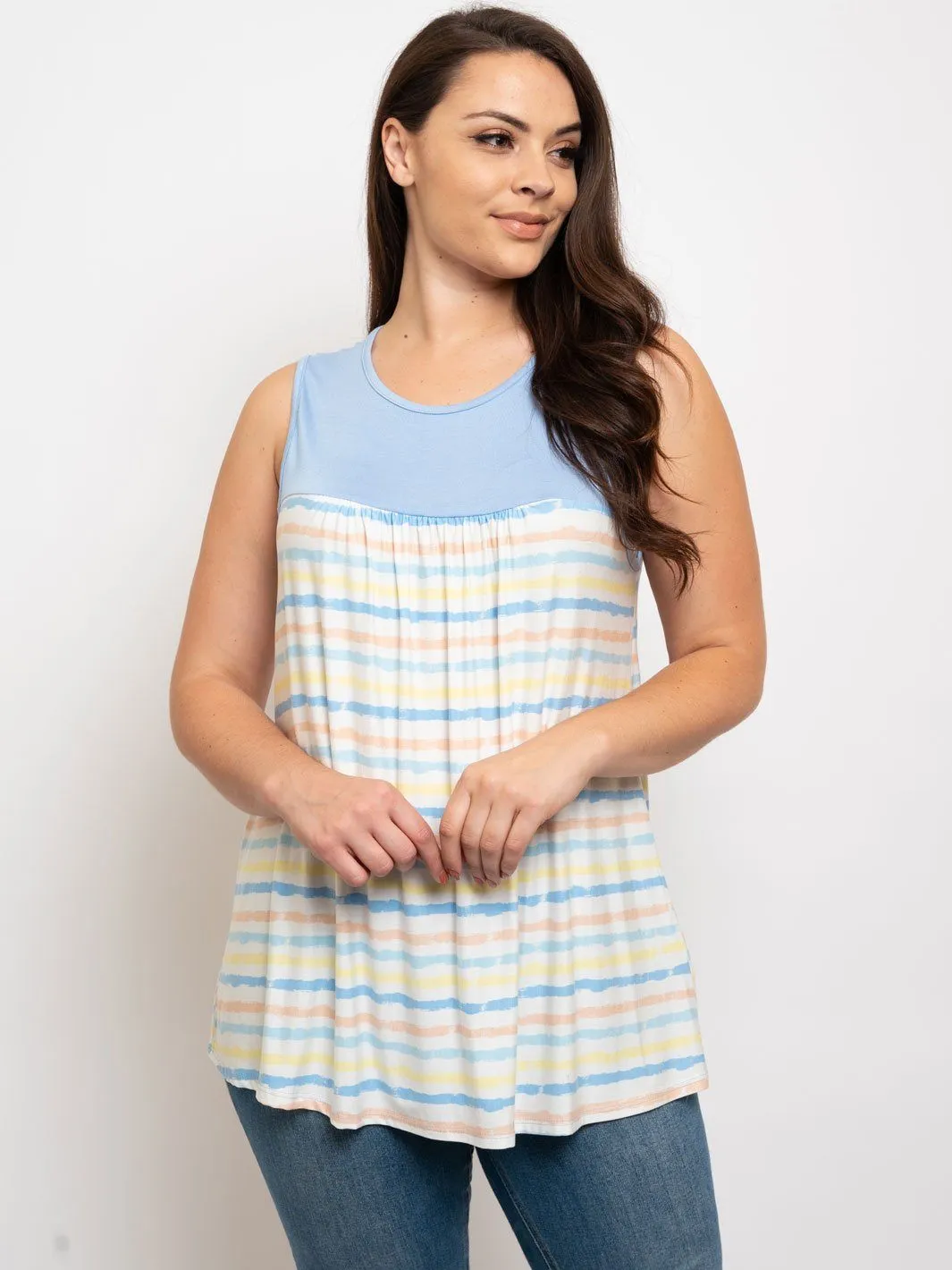 PLUS SIZE MULTICOLOR STRIPES SLEEVELESS TUNIC TOP