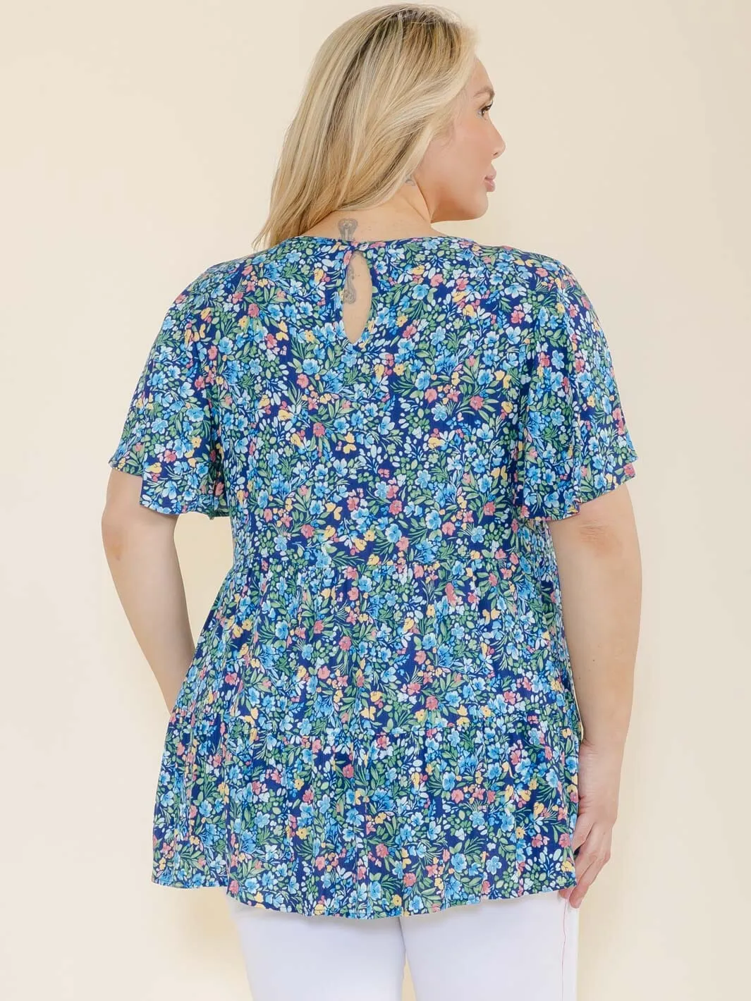 PLUS SIZE SHORT SLEEVE FLORAL PRINT TUNIC BLOUSE