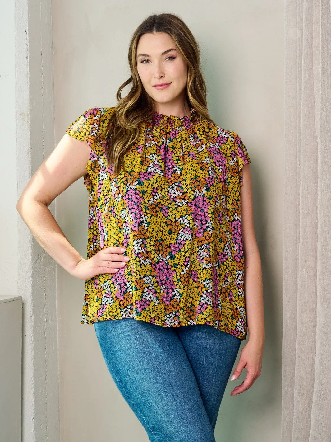 PLUS SIZE SHORT SLEEVE MOCK NECK TUNIC FLORAL TOP