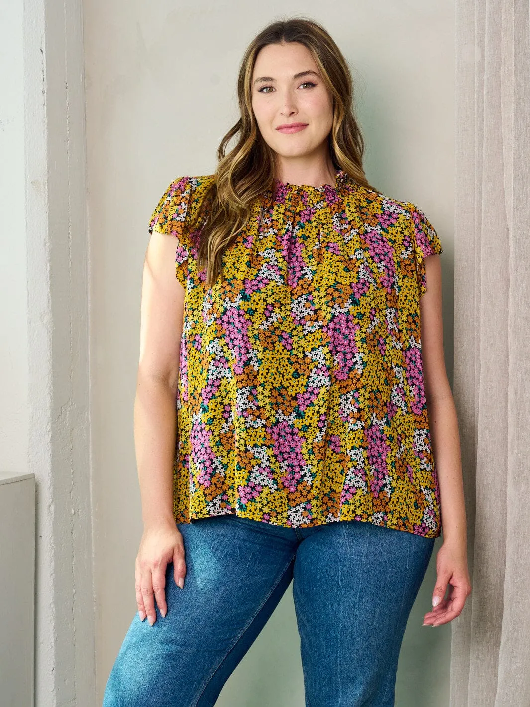 PLUS SIZE SHORT SLEEVE MOCK NECK TUNIC FLORAL TOP