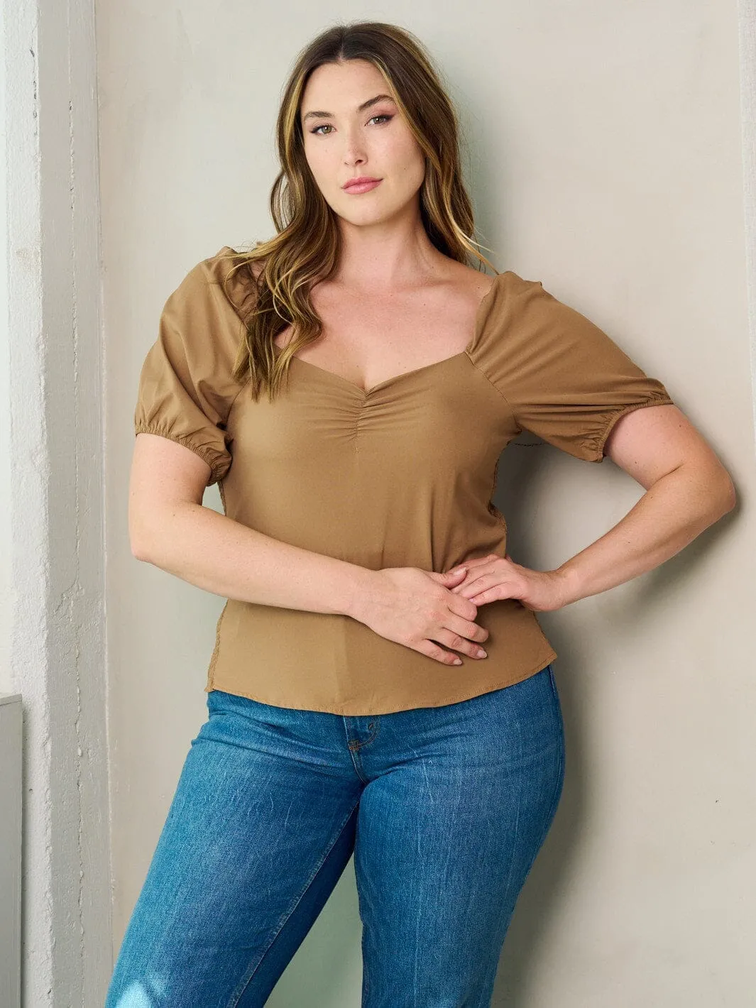 PLUS SIZE SHORT SLEEVE SMOCK BLOUSE TOP