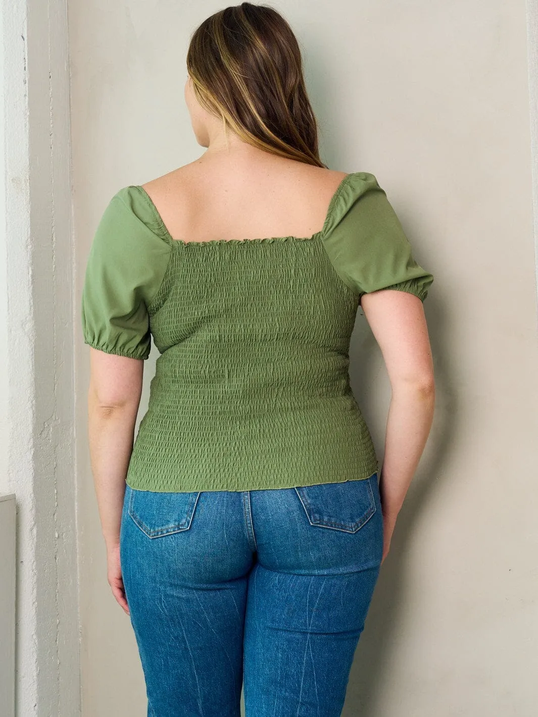 PLUS SIZE SHORT SLEEVE SMOCK BLOUSE TOP