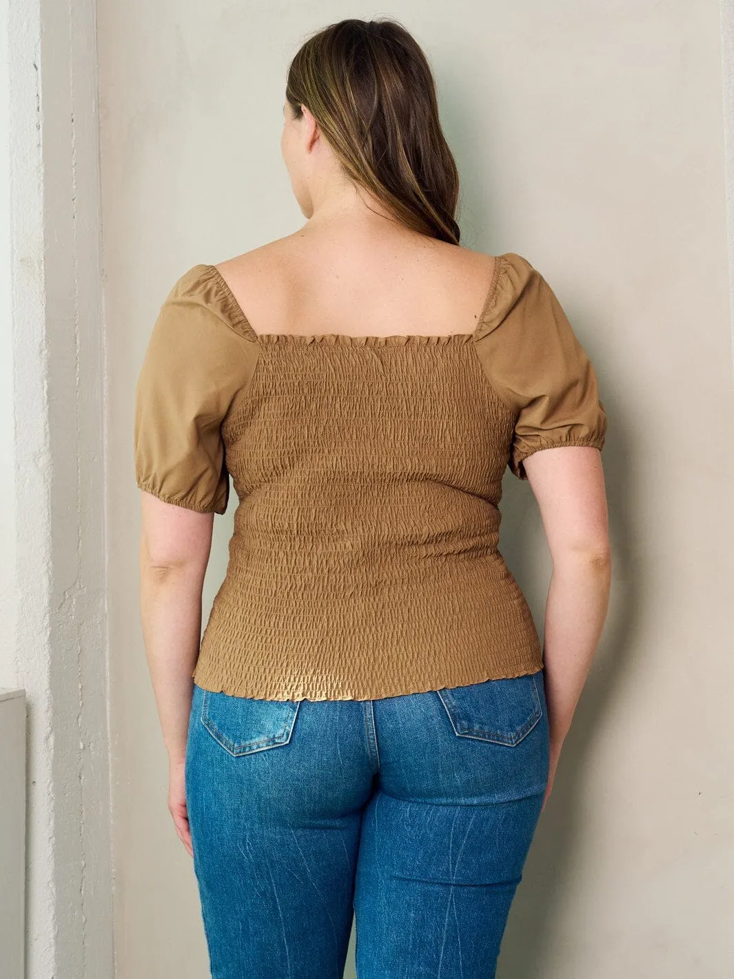 PLUS SIZE SHORT SLEEVE SMOCK BLOUSE TOP