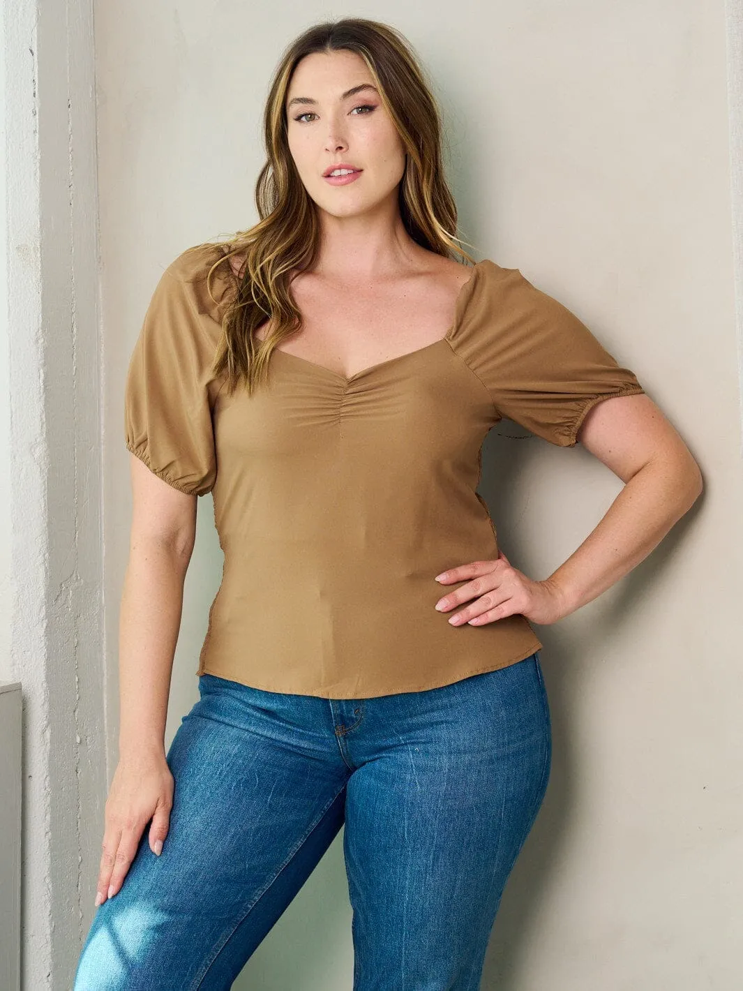PLUS SIZE SHORT SLEEVE SMOCK BLOUSE TOP