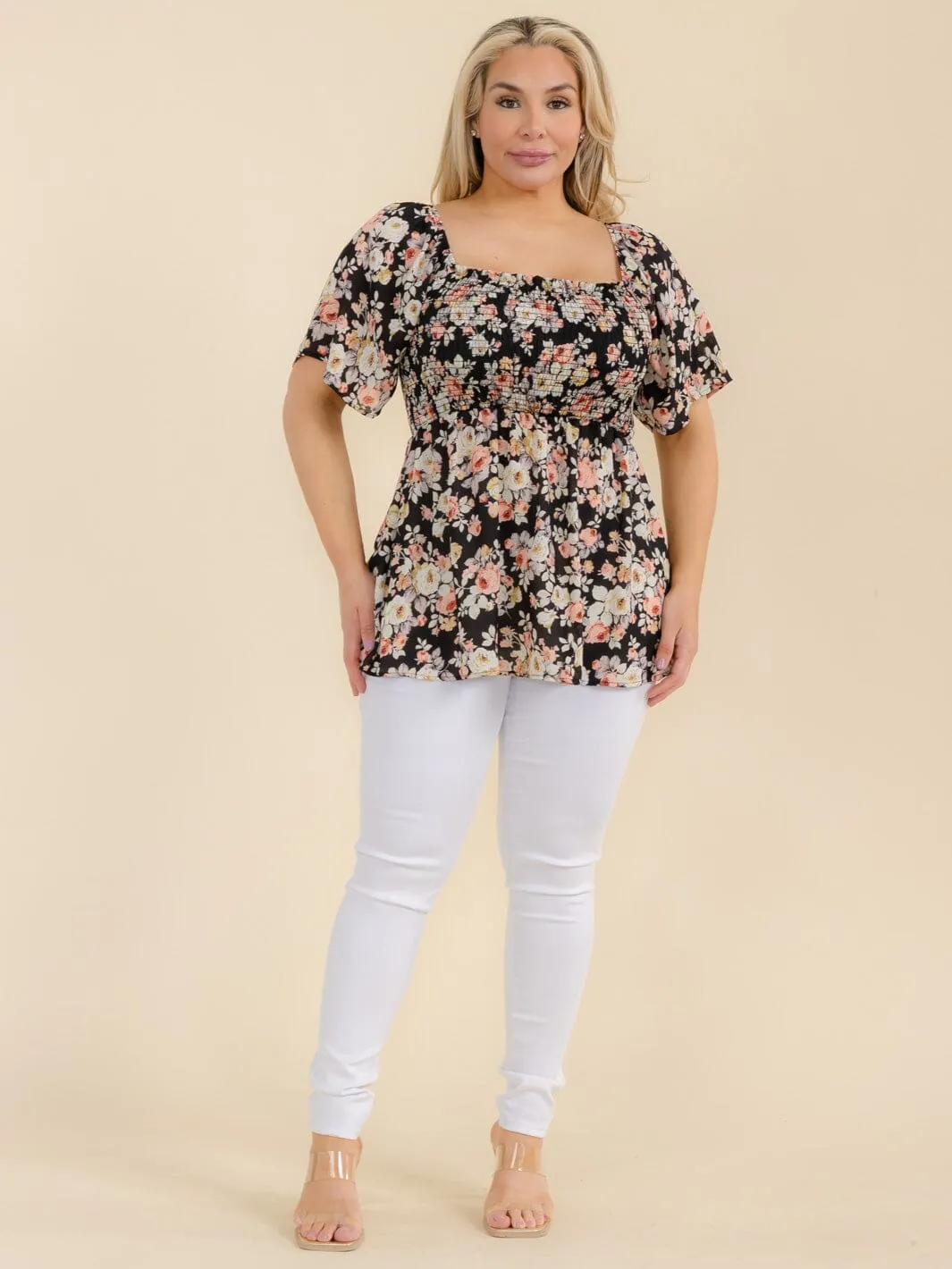 PLUS SIZE SHORT SLEEVE SMOCK FLORAL TUNIC BLOUSE