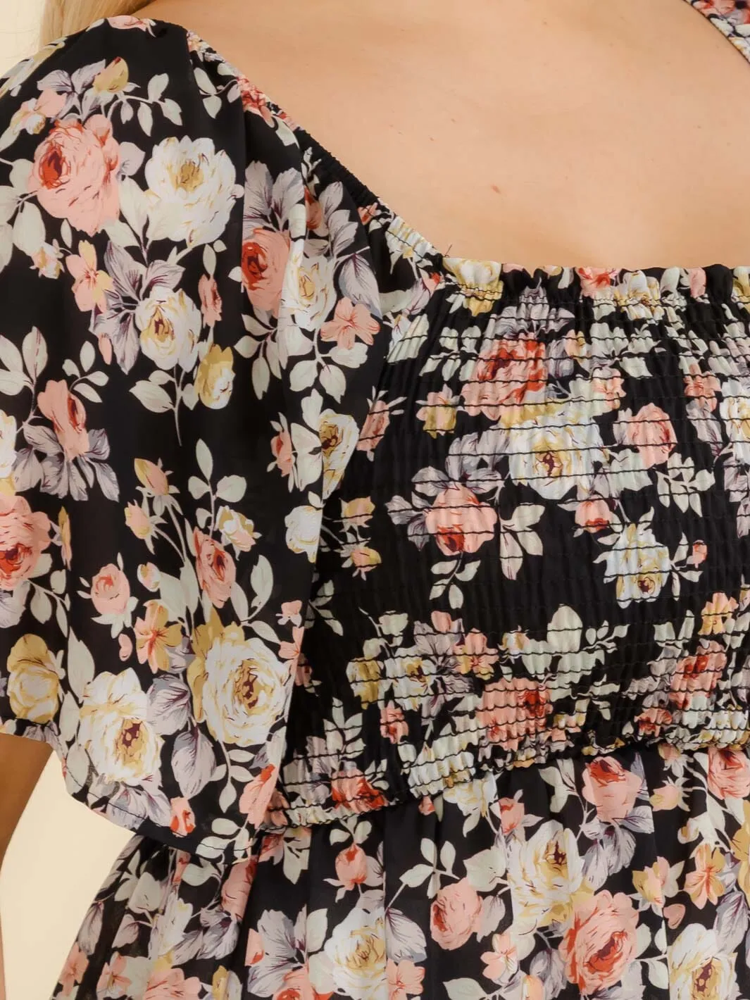 PLUS SIZE SHORT SLEEVE SMOCK FLORAL TUNIC BLOUSE
