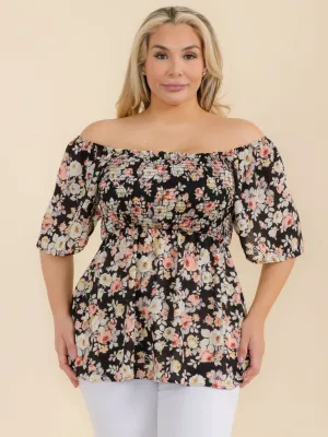PLUS SIZE SHORT SLEEVE SMOCK FLORAL TUNIC BLOUSE