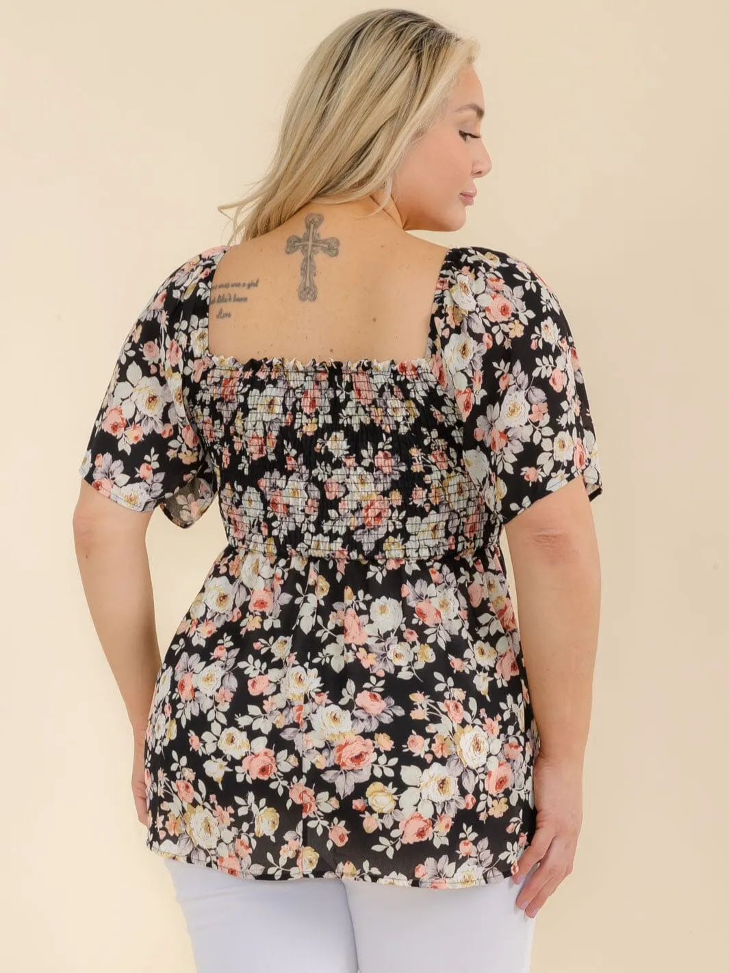 PLUS SIZE SHORT SLEEVE SMOCK FLORAL TUNIC BLOUSE