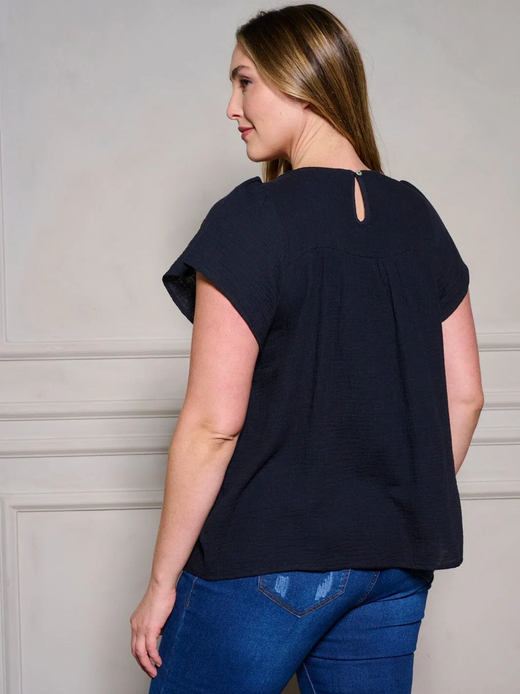 PLUS SIZE SHORT SLEEVE SQUARE NECK TUNIC TRIM DETAILED TOP