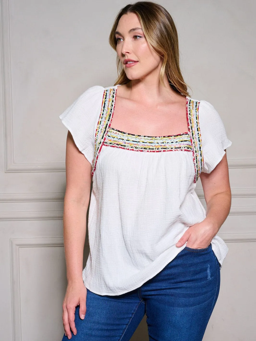 PLUS SIZE SHORT SLEEVE SQUARE NECK TUNIC TRIM DETAILED TOP