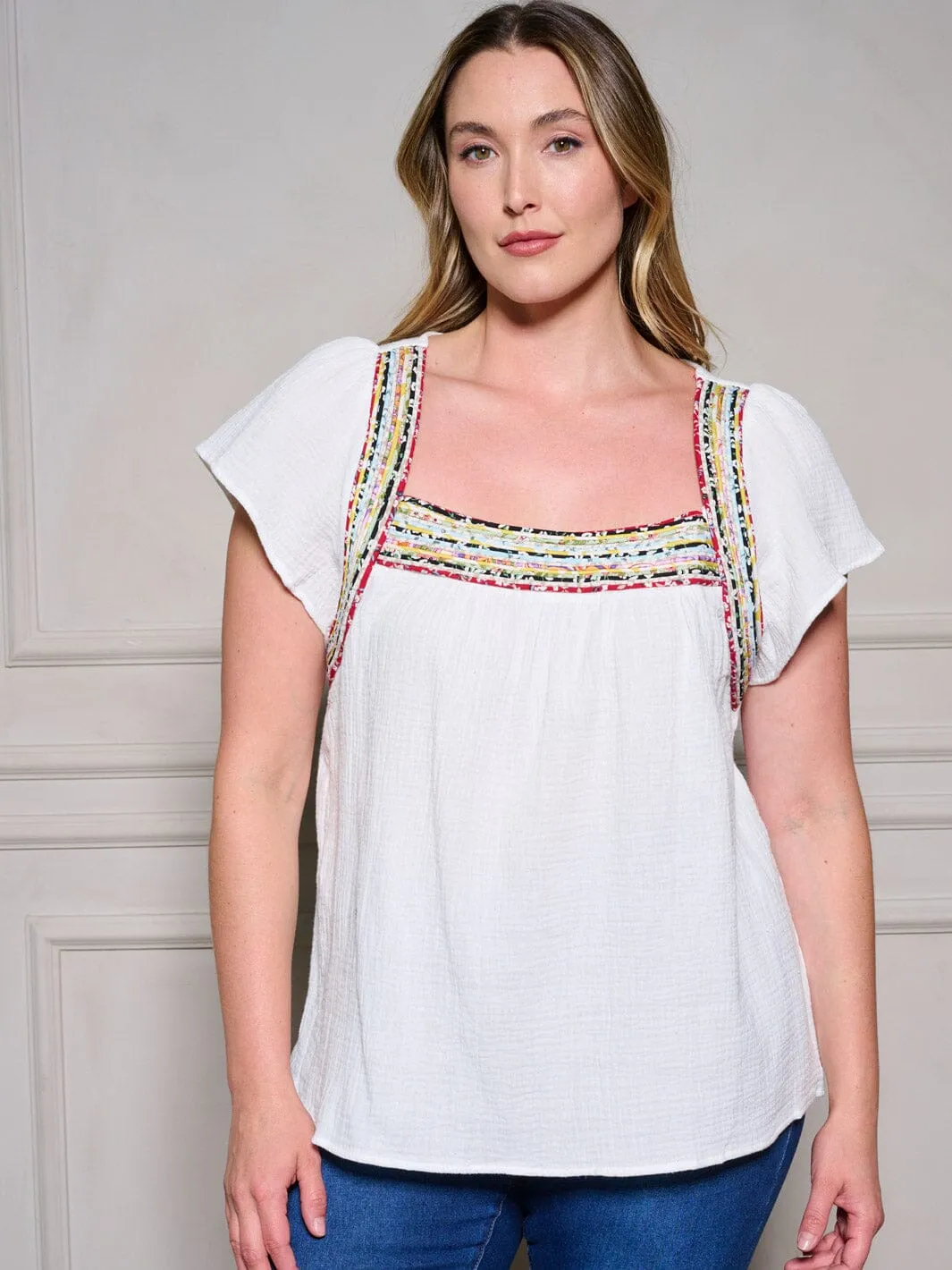 PLUS SIZE SHORT SLEEVE SQUARE NECK TUNIC TRIM DETAILED TOP