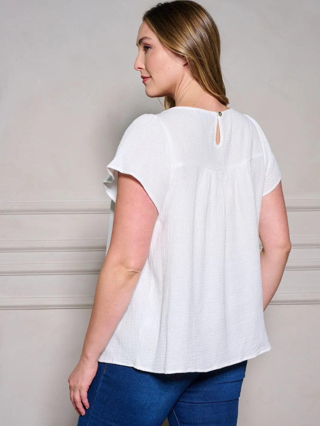PLUS SIZE SHORT SLEEVE SQUARE NECK TUNIC TRIM DETAILED TOP