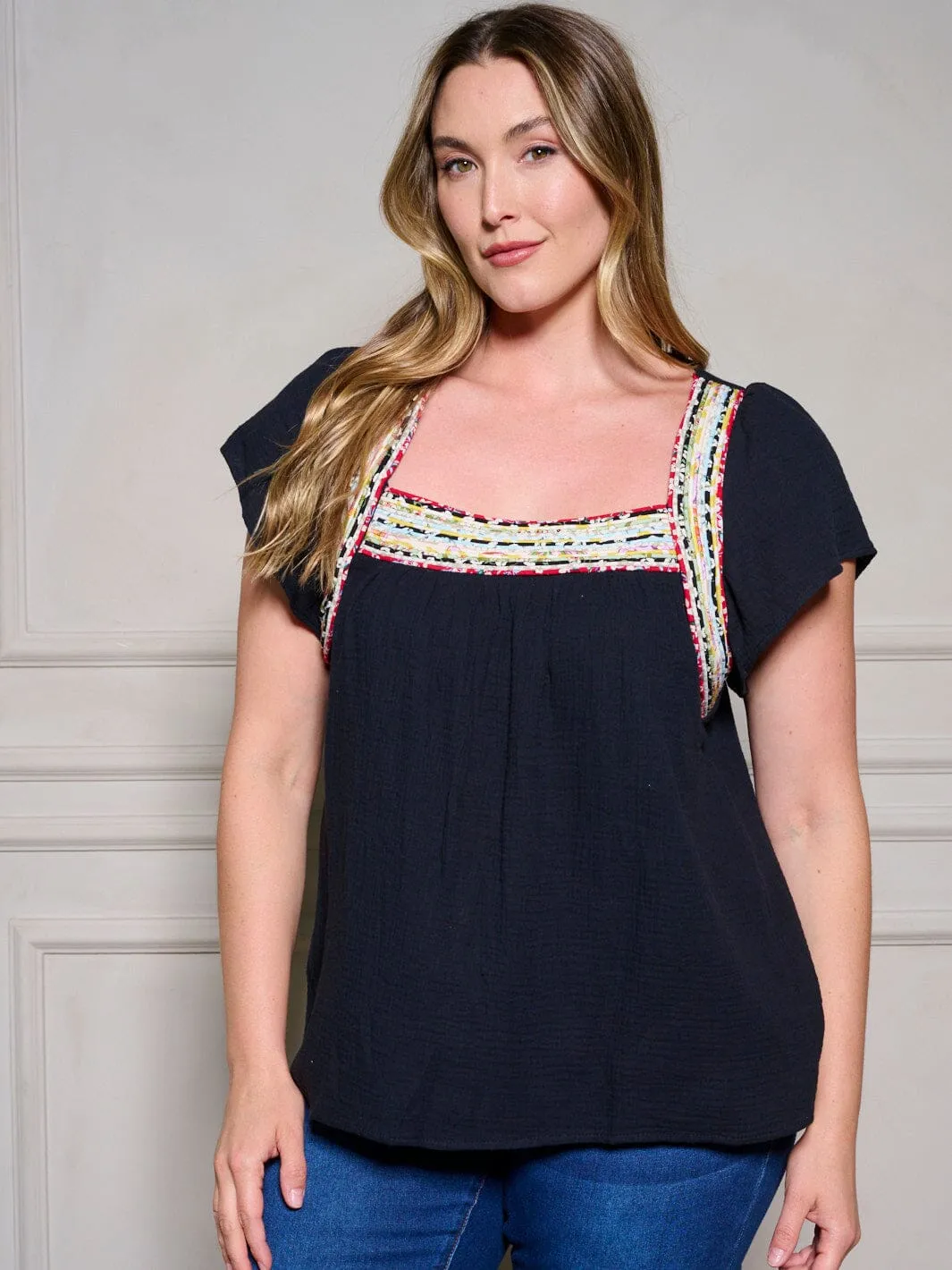 PLUS SIZE SHORT SLEEVE SQUARE NECK TUNIC TRIM DETAILED TOP