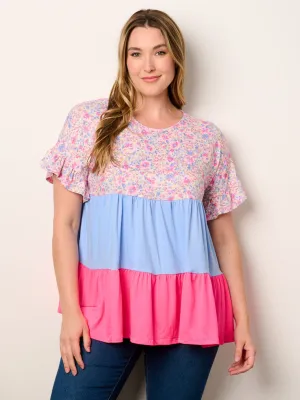 PLUS SIZE SHORT SLEEVE TIERED COLORBLOCK TUNIC TOP