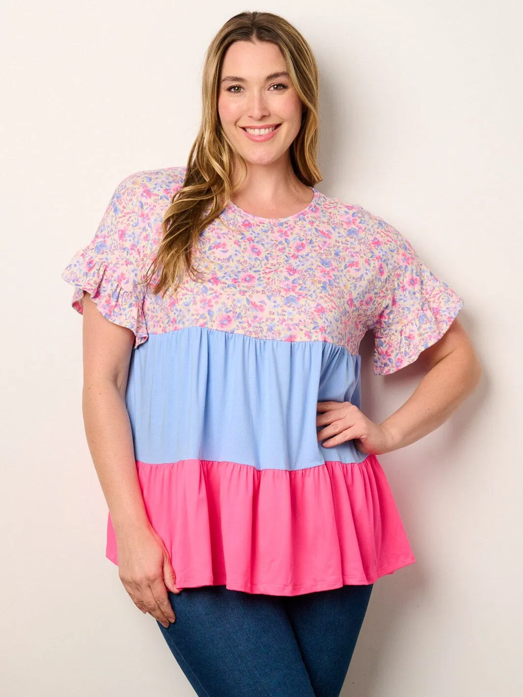 PLUS SIZE SHORT SLEEVE TIERED COLORBLOCK TUNIC TOP