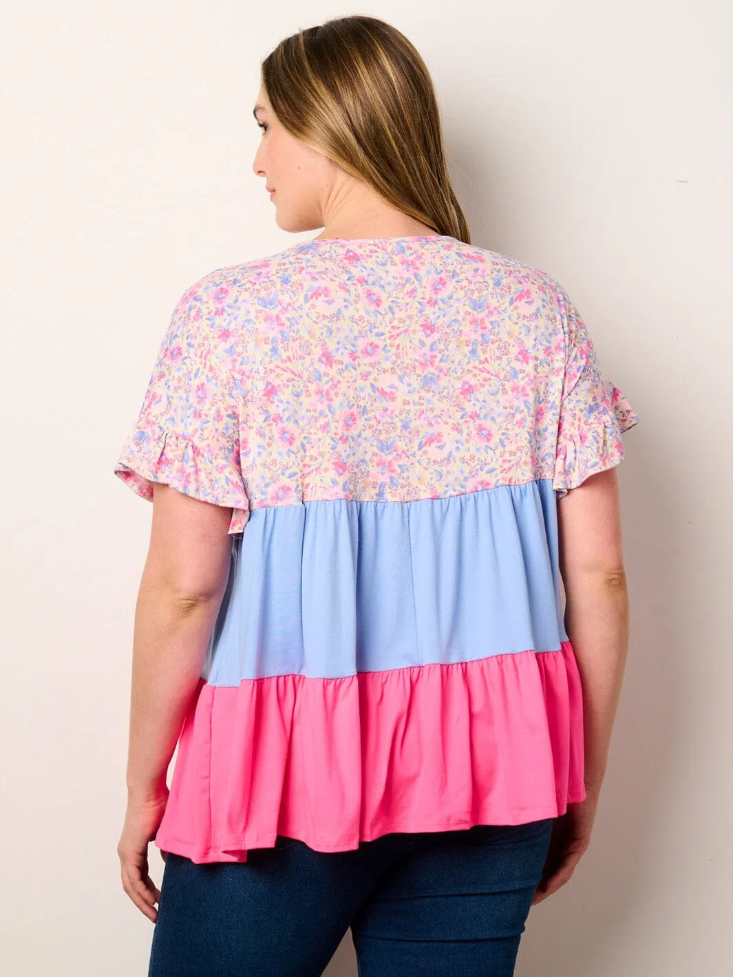 PLUS SIZE SHORT SLEEVE TIERED COLORBLOCK TUNIC TOP