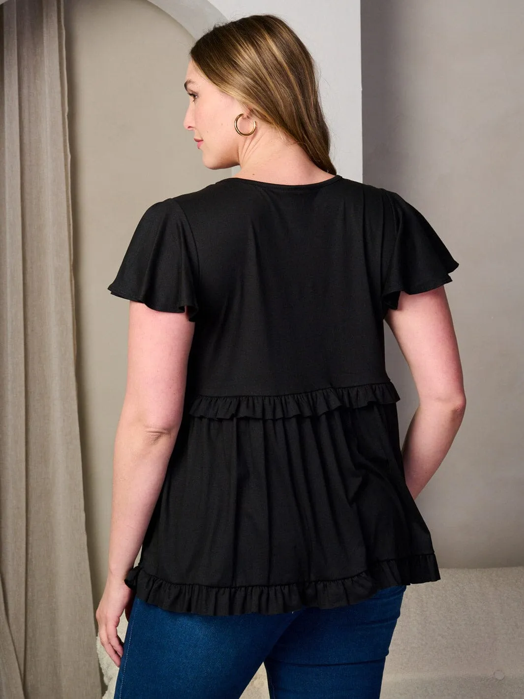 PLUS SIZE SHORT SLEEVE V-NECK RUFFLE TIERED TUNIC TOP