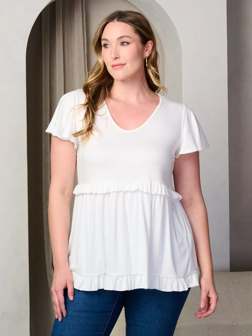 PLUS SIZE SHORT SLEEVE V-NECK RUFFLE TIERED TUNIC TOP