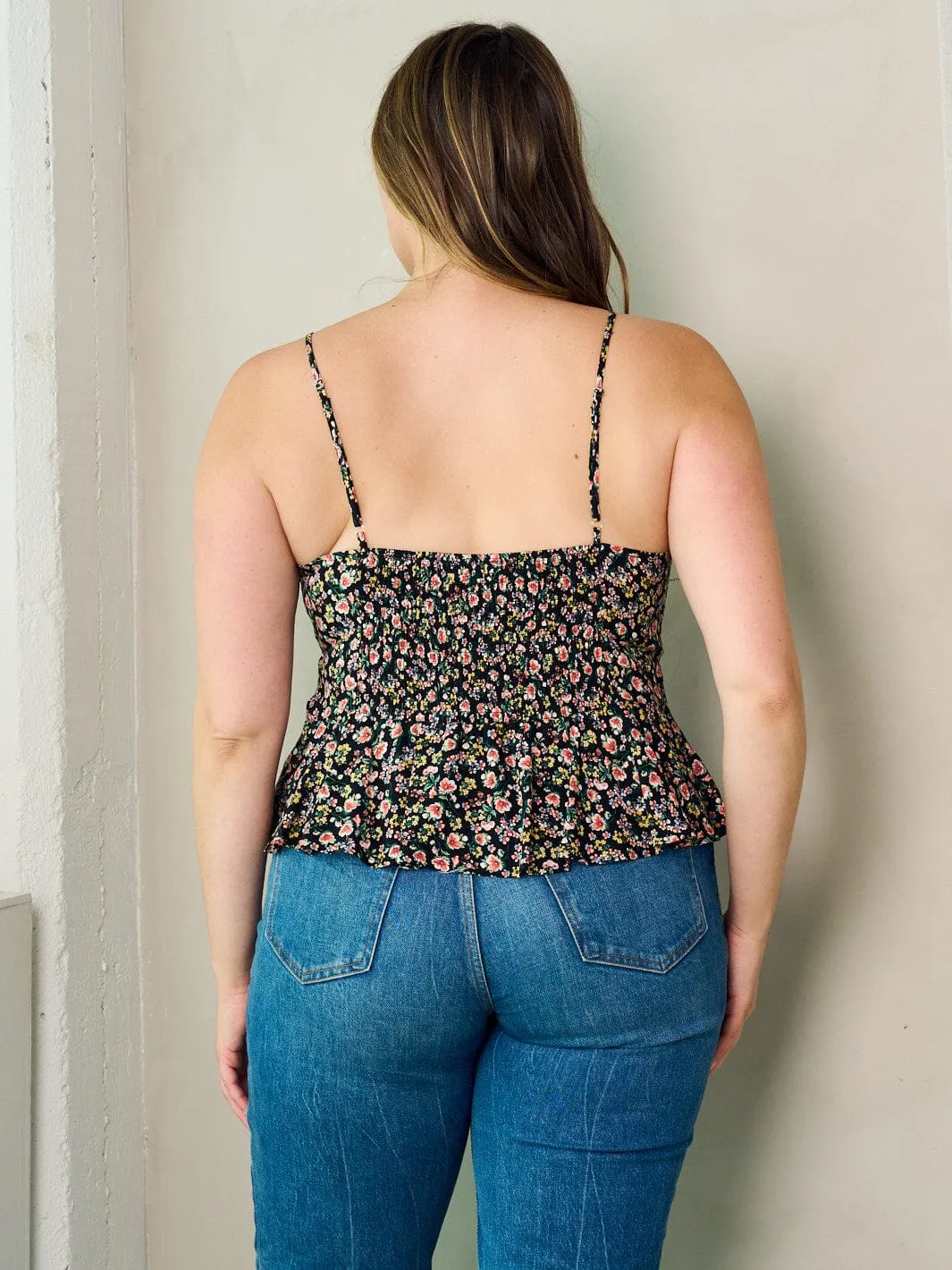 PLUS SIZE SLEEVELESS SMOCK PLEPLUM FLORAL TANK TOP
