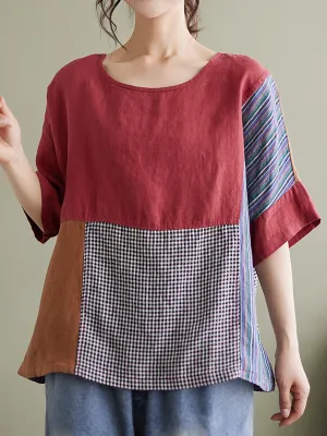 Plus Size Vintage Short Sleeve Women Patchwork Loose Shirt