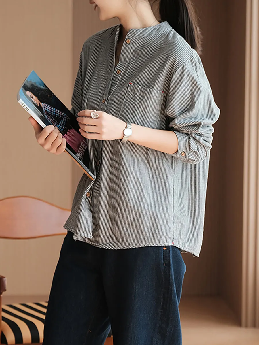 Plus Size Women Summer Vintage Stripe 100%Cotton Stand Collar Shirt