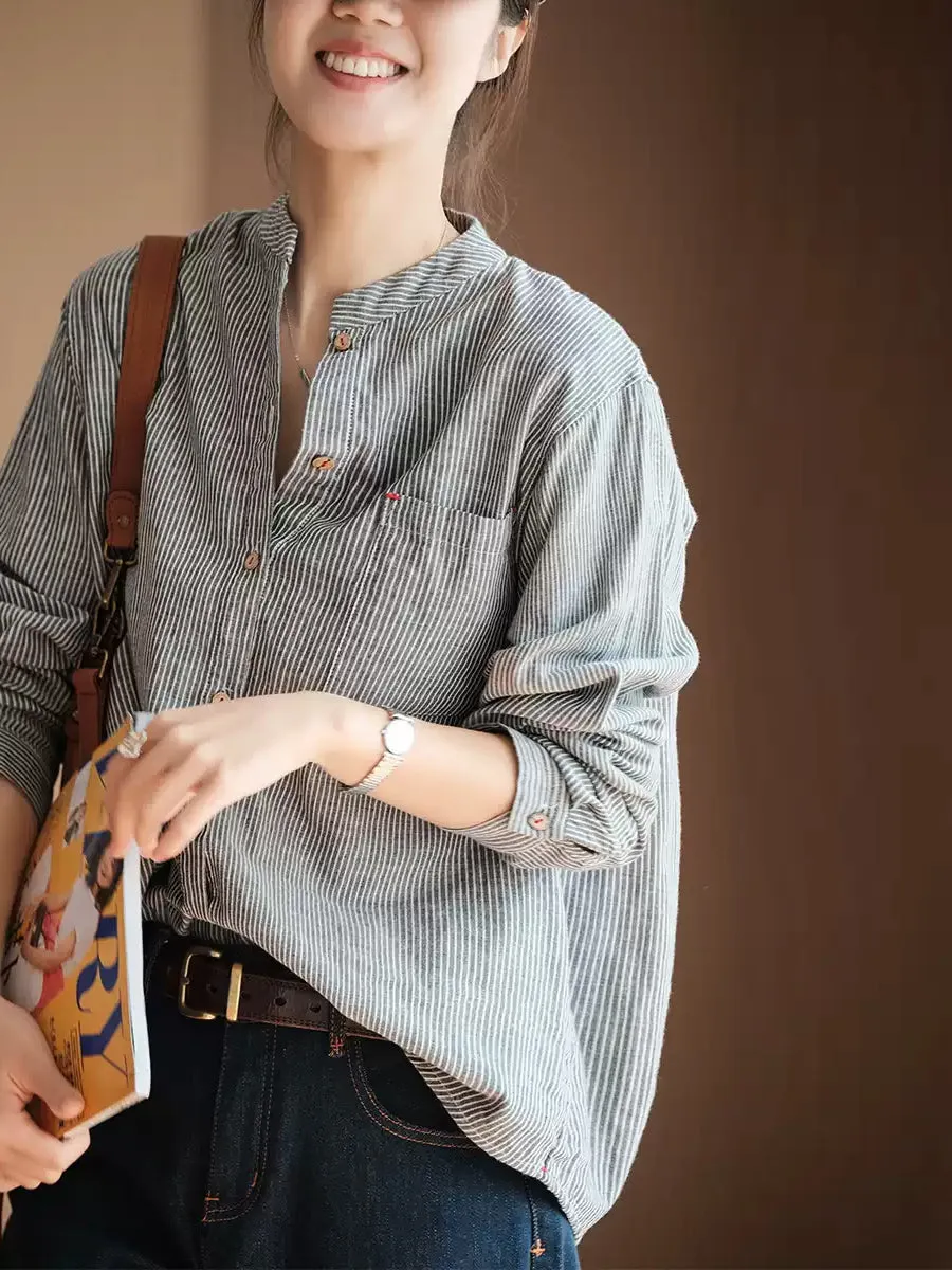 Plus Size Women Summer Vintage Stripe 100%Cotton Stand Collar Shirt