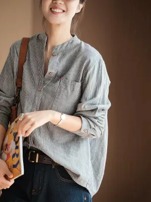 Plus Size Women Summer Vintage Stripe 100%Cotton Stand Collar Shirt