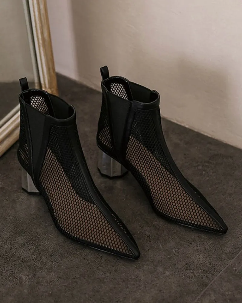 Pointed Hollow Mesh Thick Heels Boots