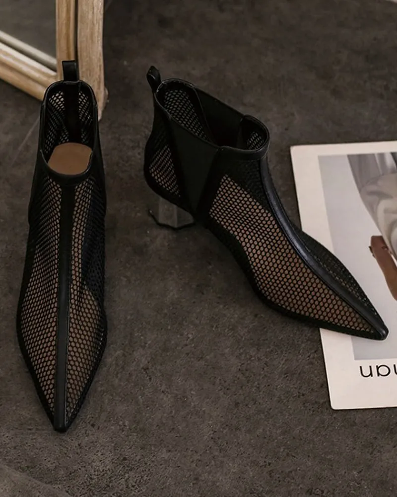 Pointed Hollow Mesh Thick Heels Boots