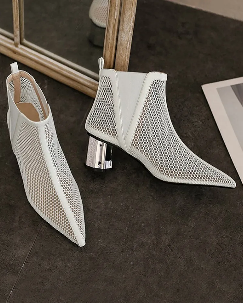 Pointed Hollow Mesh Thick Heels Boots