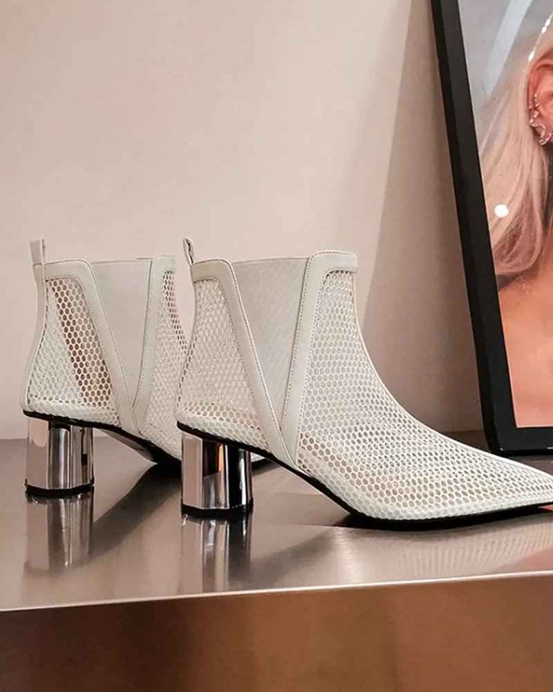 Pointed Hollow Mesh Thick Heels Boots
