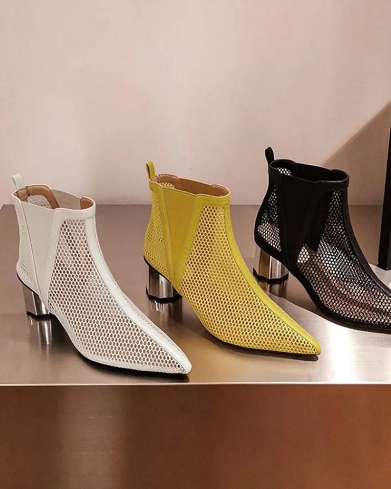 Pointed Hollow Mesh Thick Heels Boots