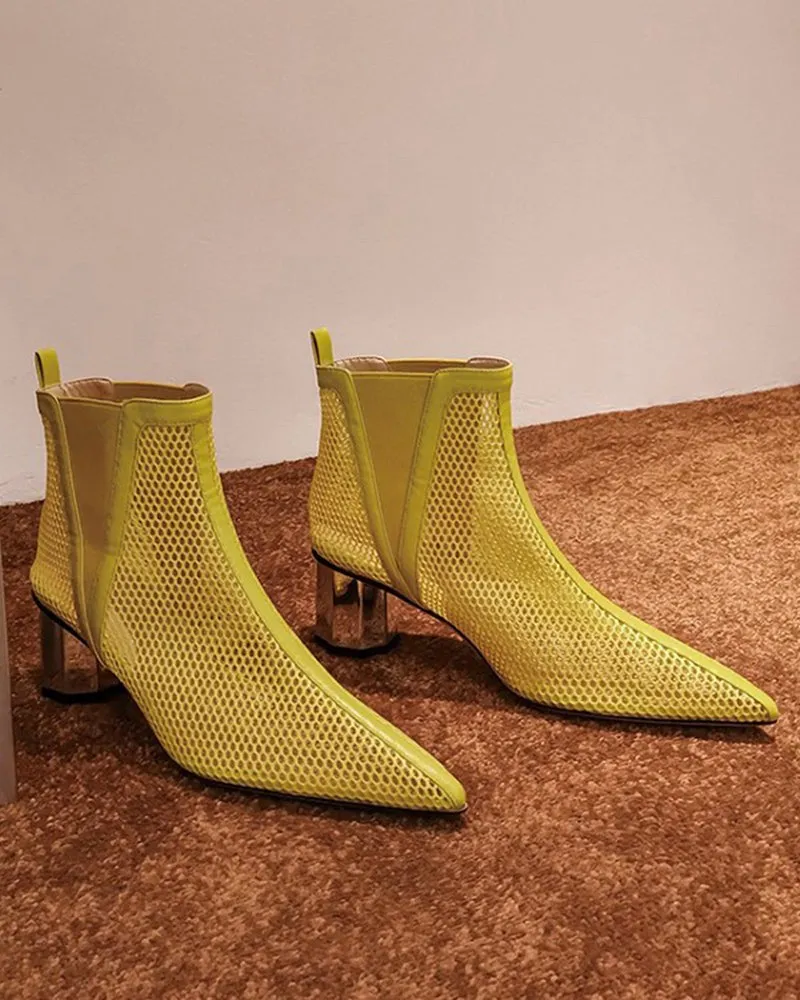 Pointed Hollow Mesh Thick Heels Boots