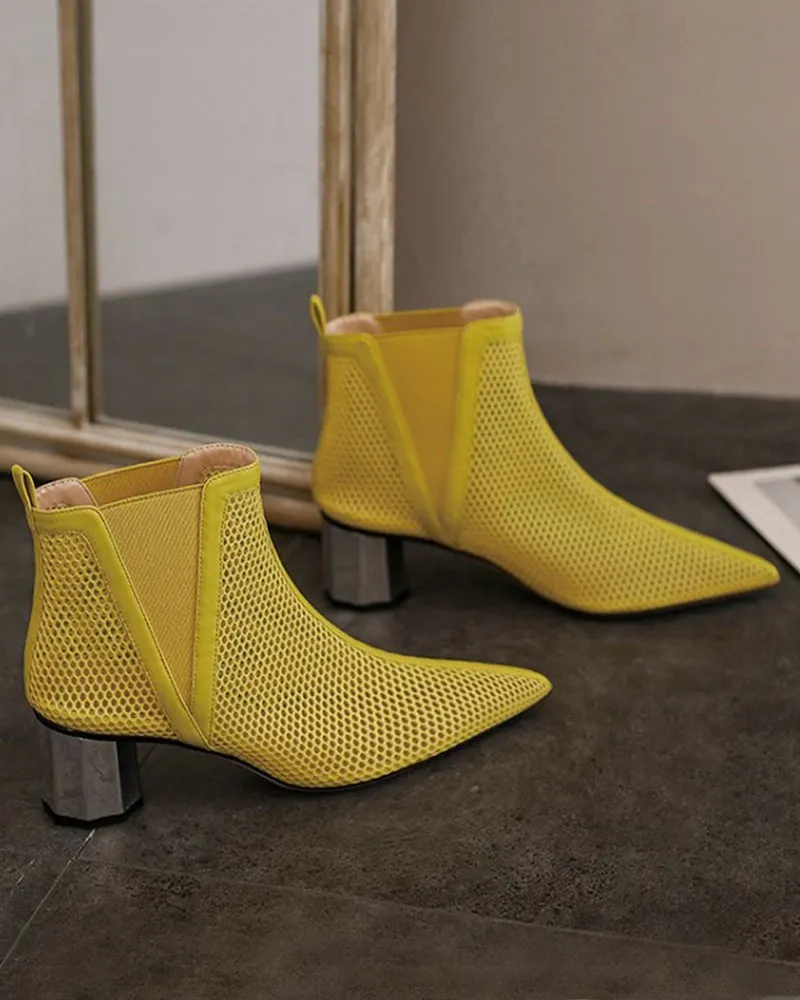 Pointed Hollow Mesh Thick Heels Boots