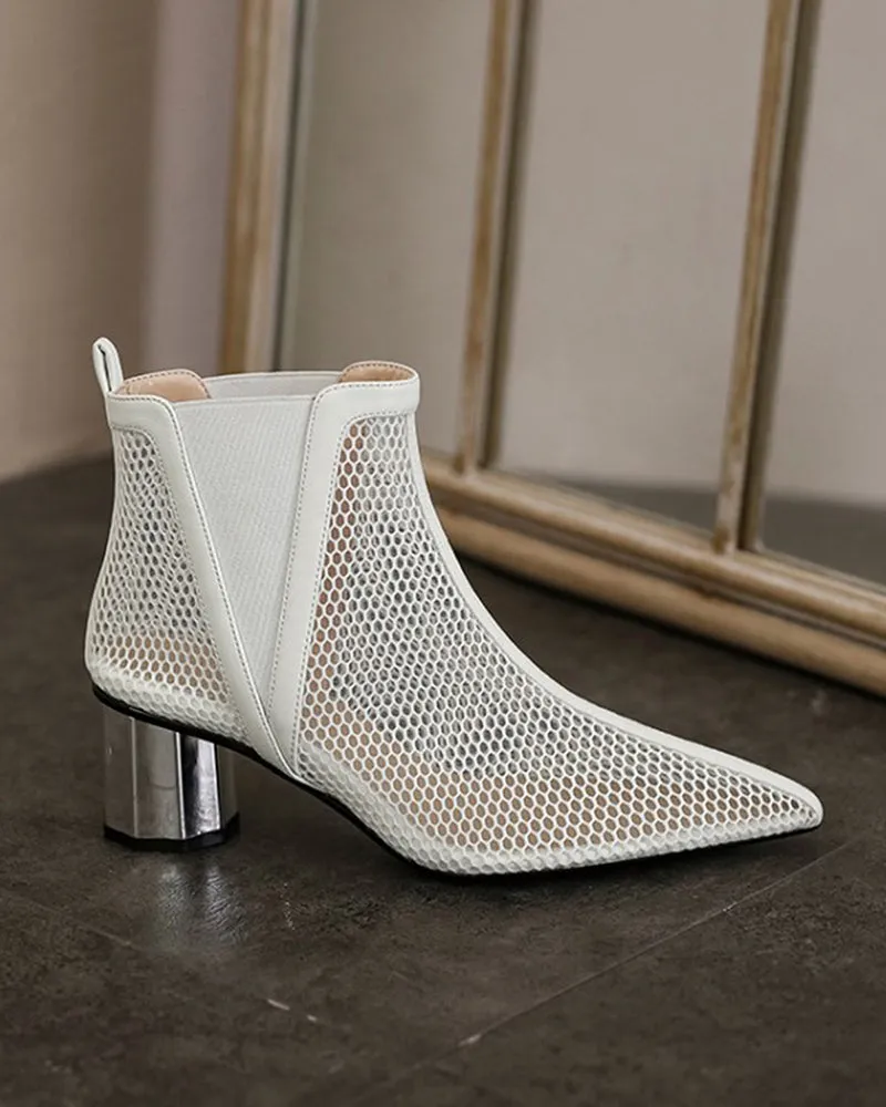 Pointed Hollow Mesh Thick Heels Boots