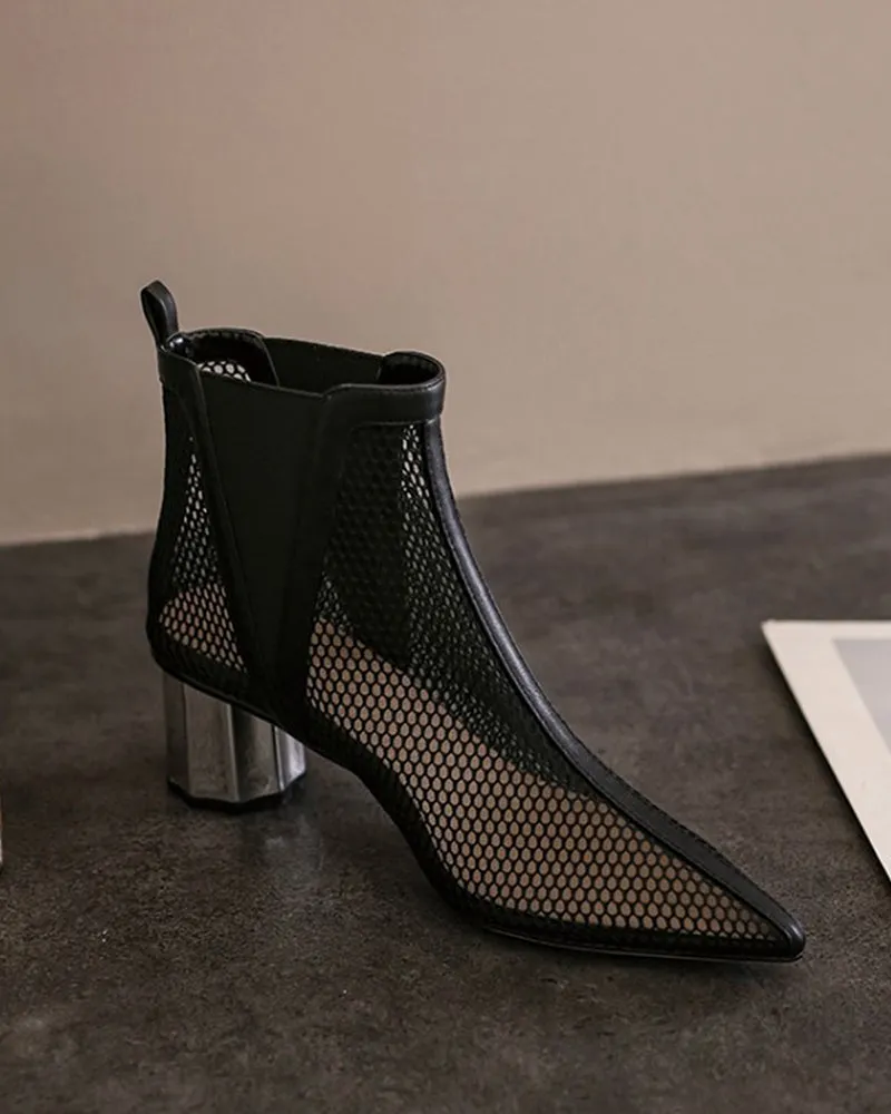 Pointed Hollow Mesh Thick Heels Boots