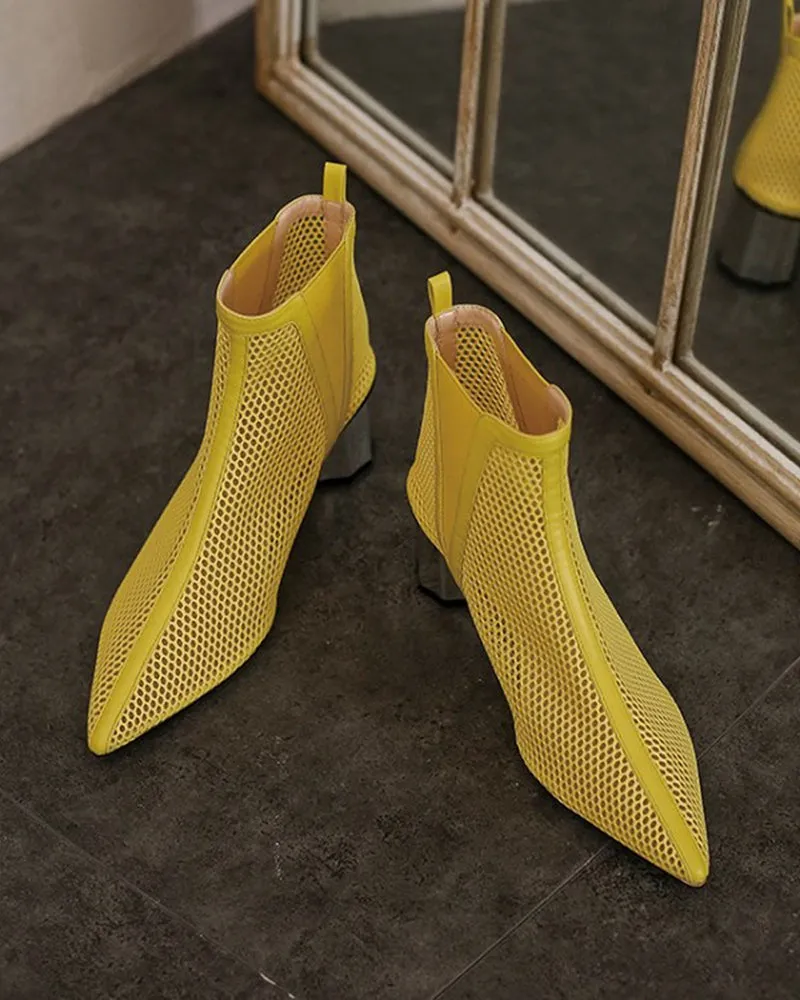 Pointed Hollow Mesh Thick Heels Boots